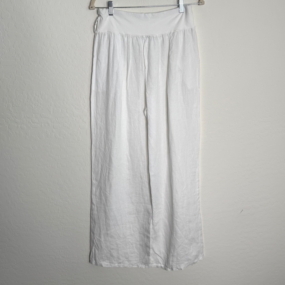 Ornella Paris Women Linen Pants Small White Wide Leg High Rise Coastal Boho